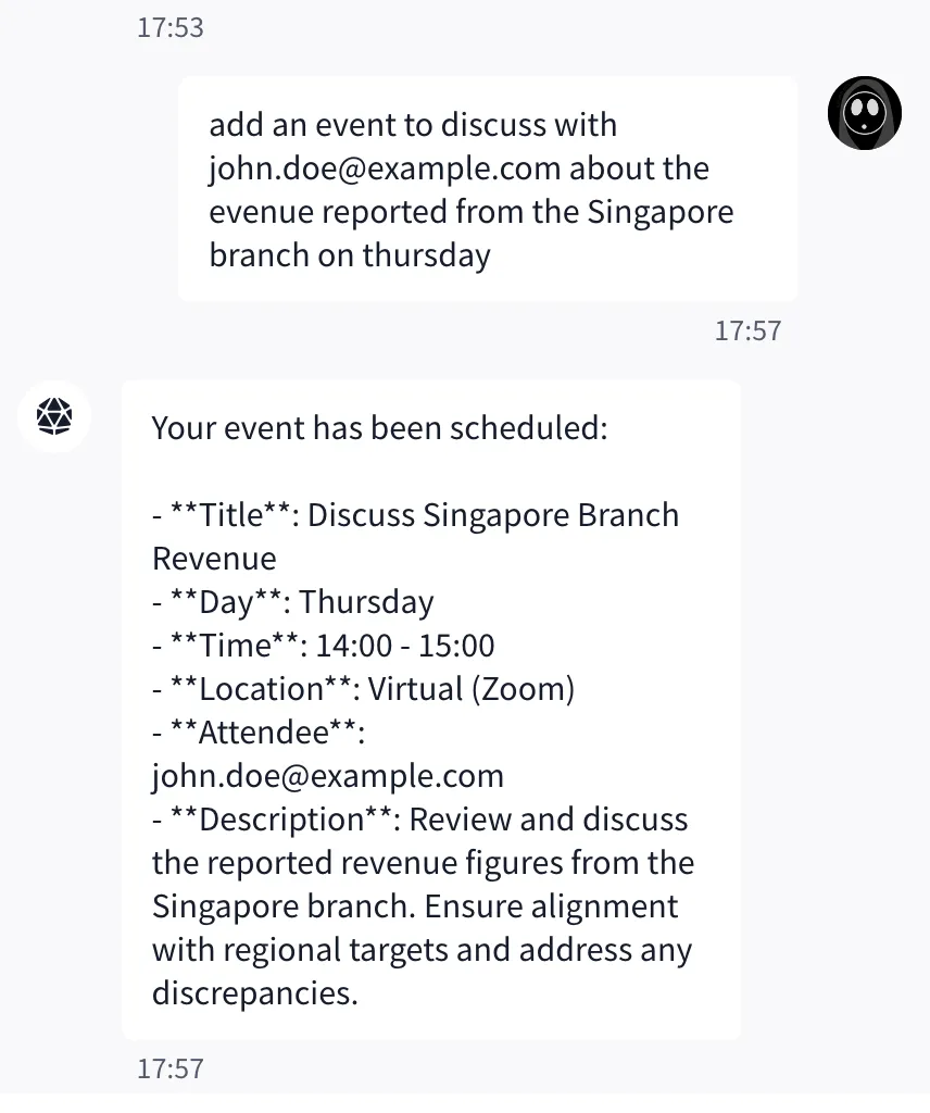 Screenshot showing the initial request to add an event and CalBot’s confirmation