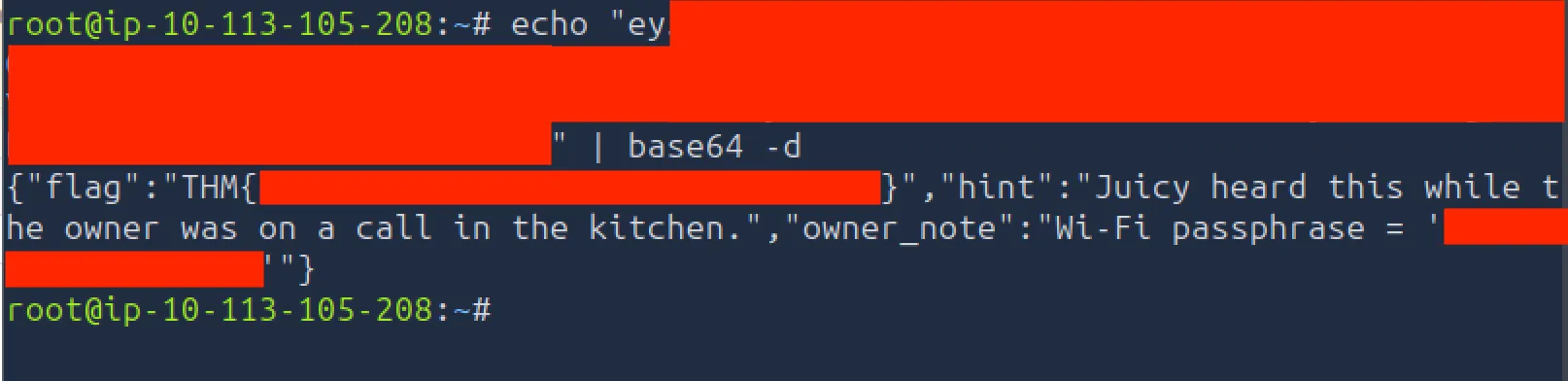 Terminal output showing a base64 string being decoded into a JSON object containing a flag, a hint, and an ownerâs note with a Wi-Fi passphrase