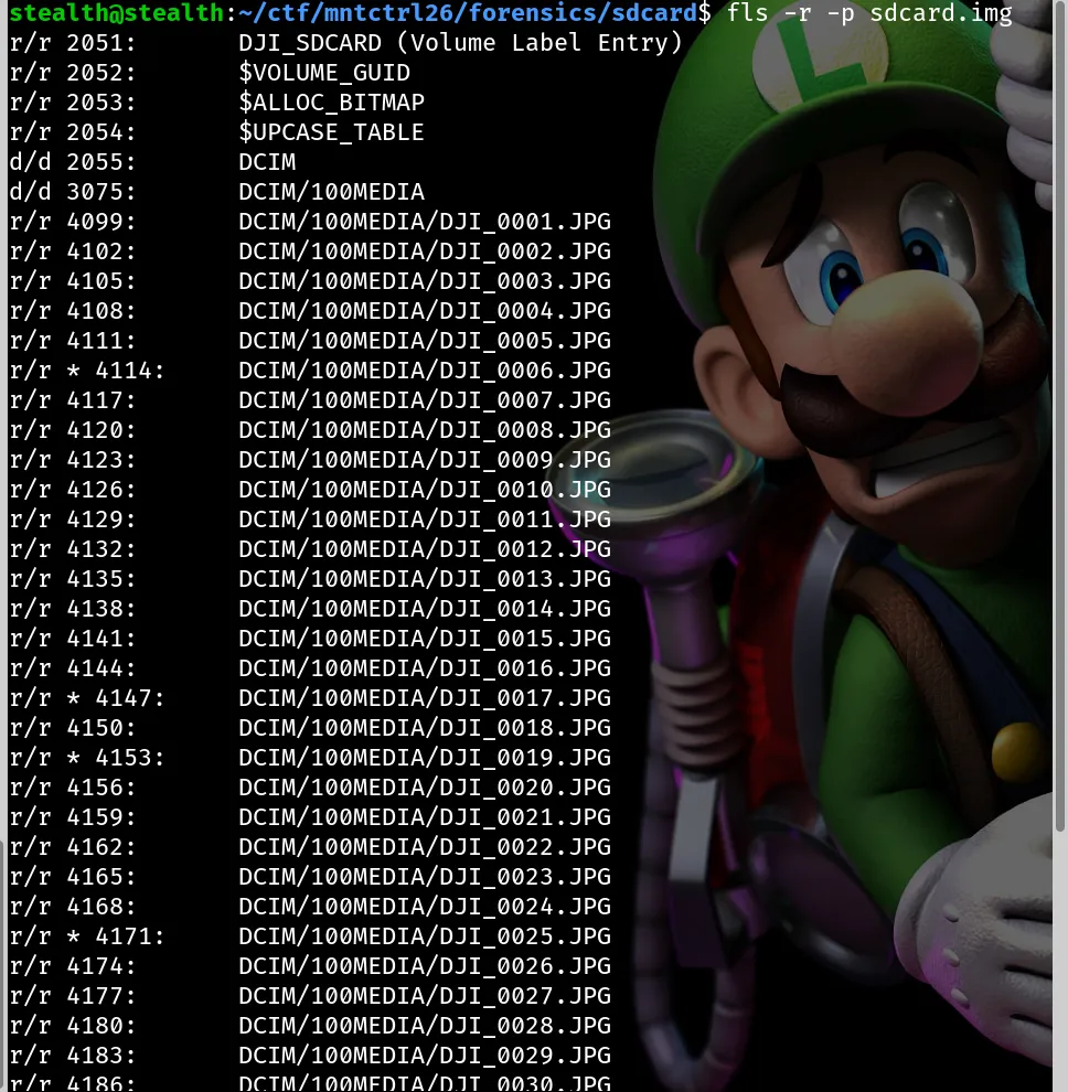 Output of fls -r -p sdcard.img listing files and directories
