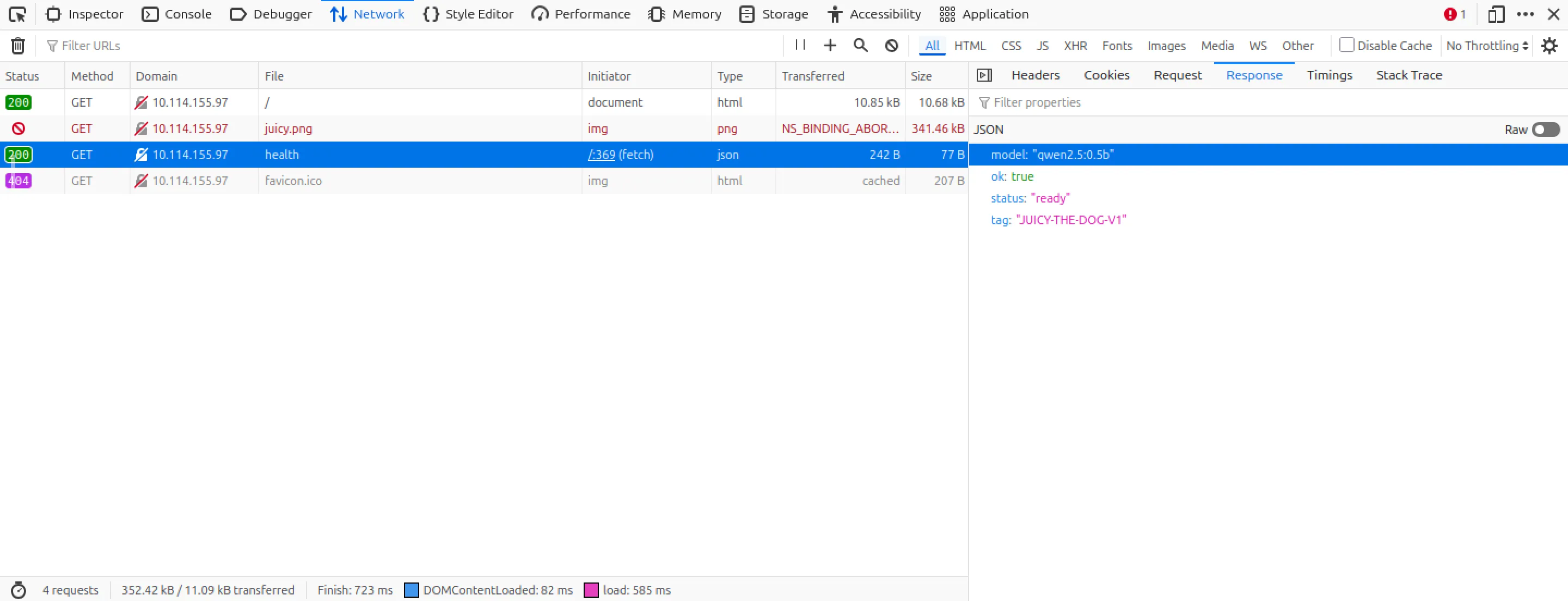 Browser developer tools showing the network tab with the /health endpoint response