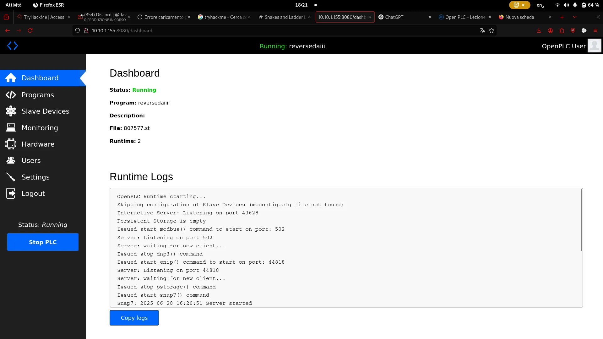 OpenPLC Runtime Web Dashboard showing successful compilation and execution of the program