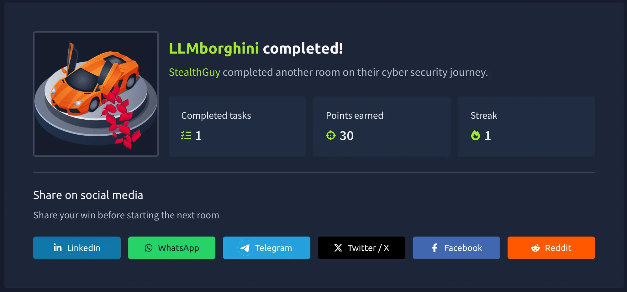Screenshot showing the challenge completion message