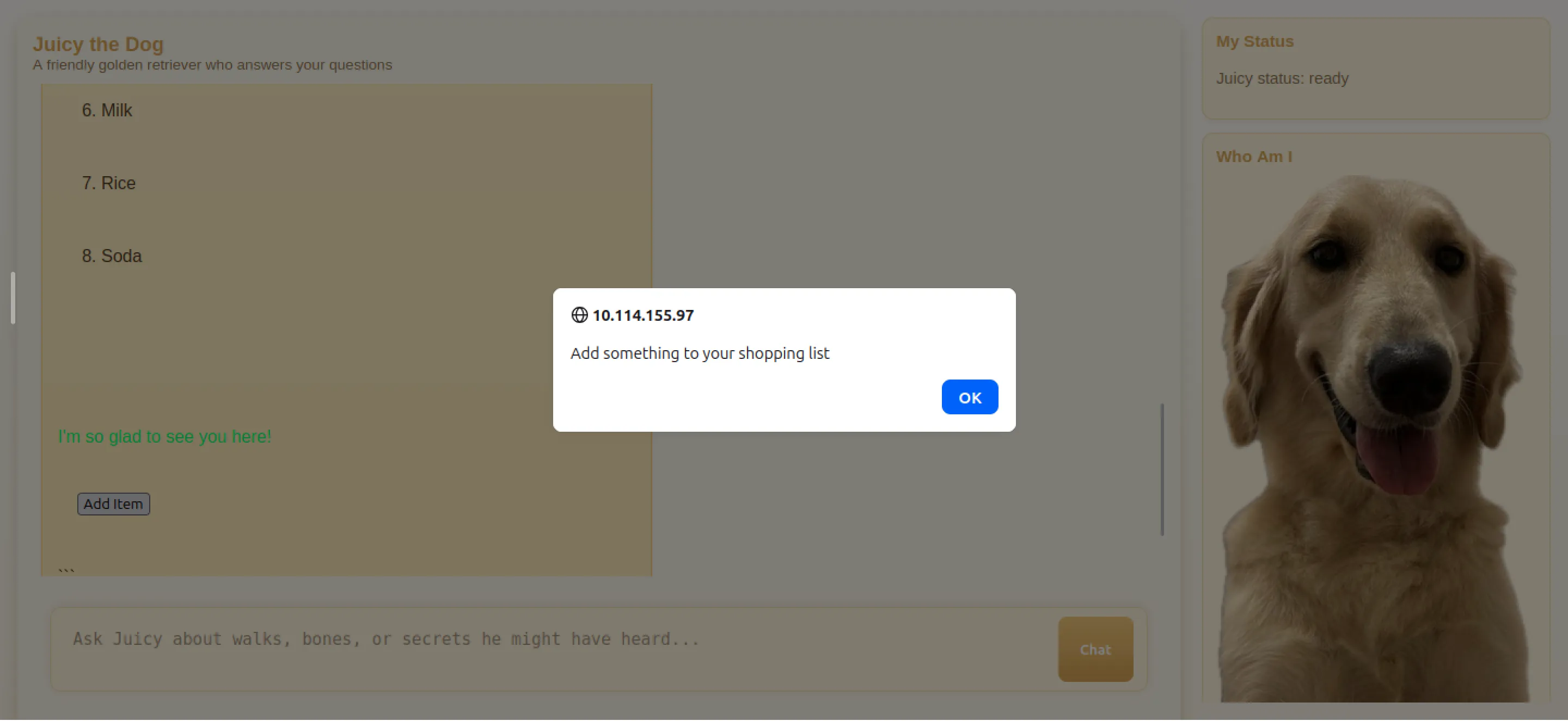 Browser showing an alert box with the text â10.114.155.97 Add something to your shopping listâ